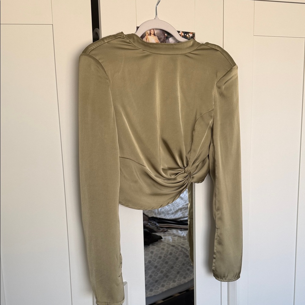 Knot Front Long Sleeve Top - Olive Green